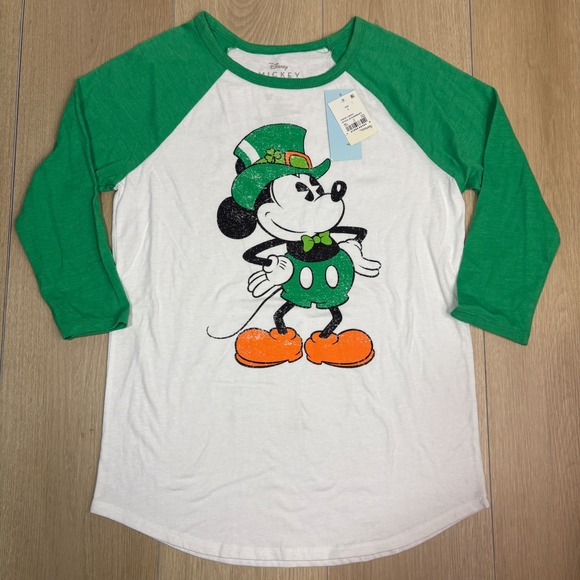 Disney Tops - NWT Disney Mickey Mouse St Patricks Day Raglan Shirt Green White Small
